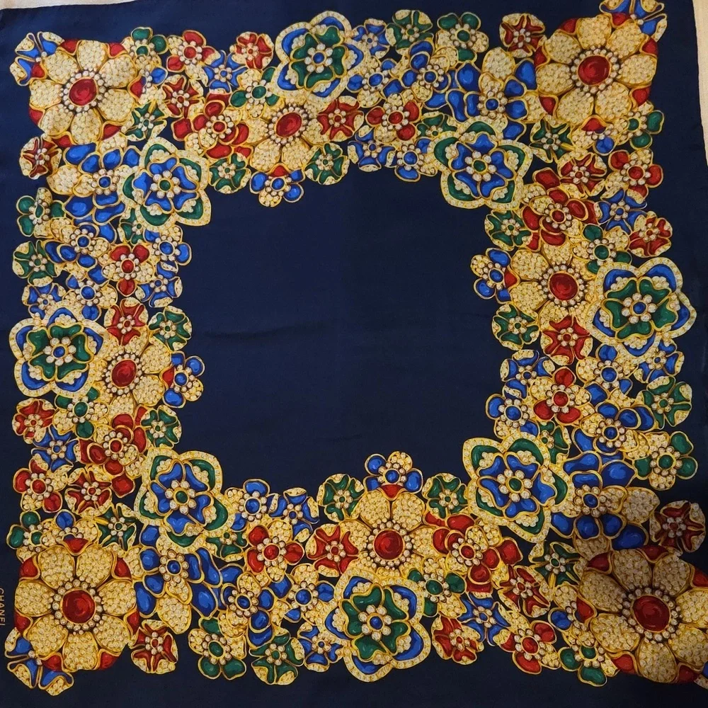 CHANEL 100%Silk Scarf with Jewel-Toned Floral Motif‎